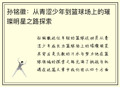 孙铭徽：从青涩少年到篮球场上的璀璨明星之路探索